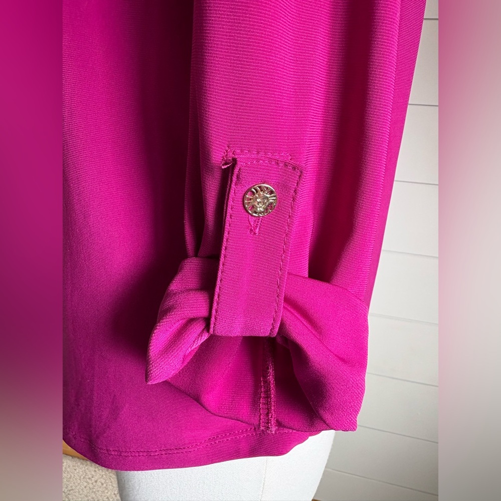 Anne Klein Magenta Half Zip Blouse w 2 Chest Pockets, Long Sleeves w Roll-Tabs - Picture 4 of 9